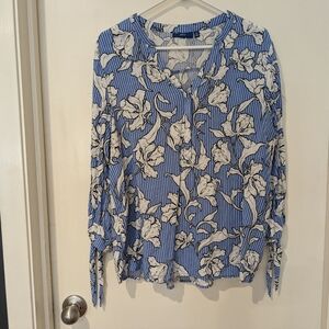 Apt 9 Floral Striped Blue White Long Sleeve Blouse in XL